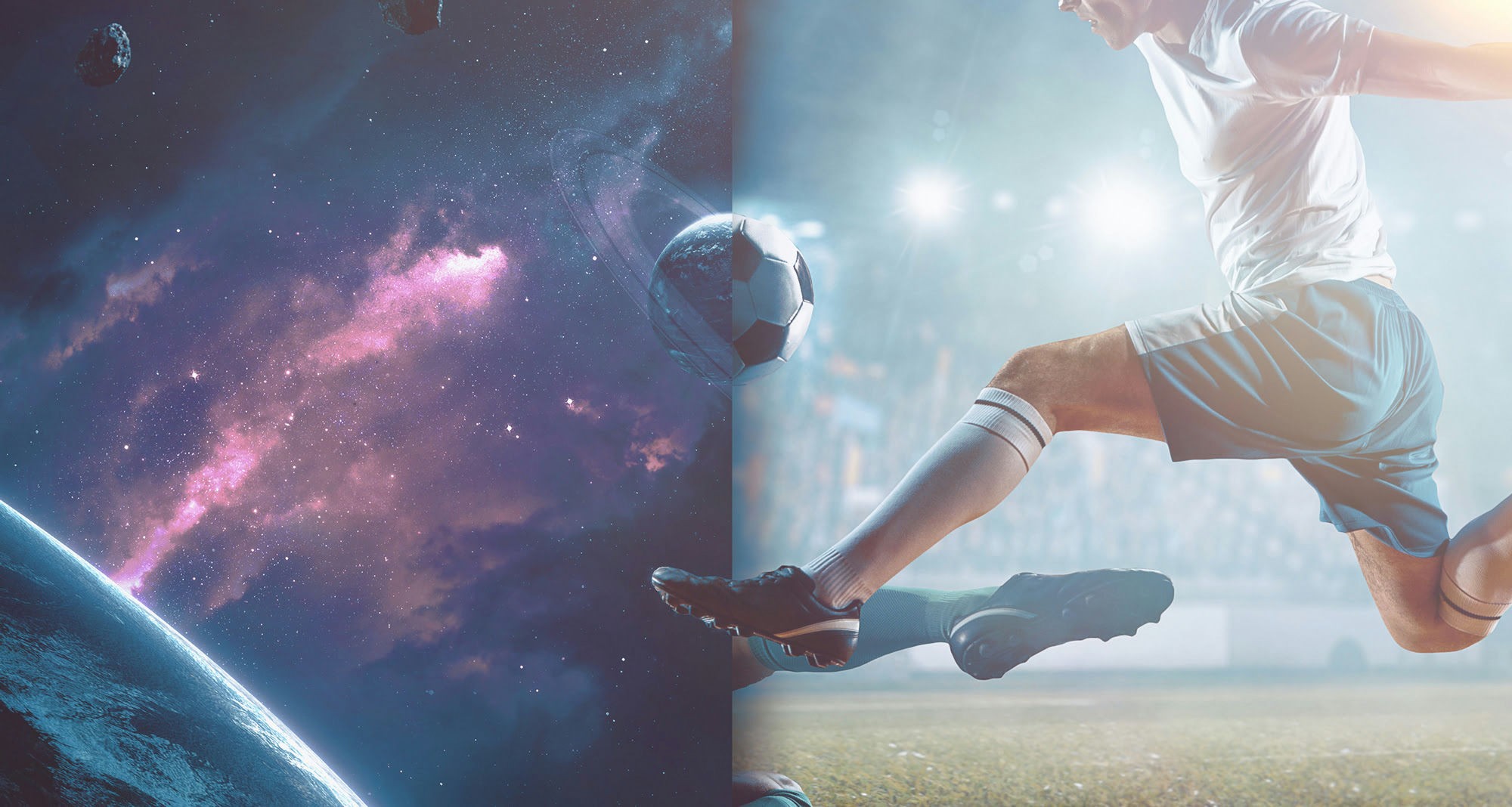 An image of a soccer ball and an image of a planet in space merged together to represent a match cut